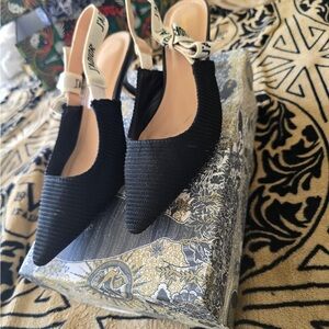 Dior Style Black Textured Slingback Heels